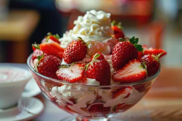 Dessert avec des fraises et de la crème fouettée