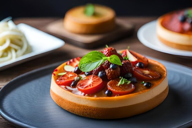 un dessert avec des fraises et des mûres sur le dessus.