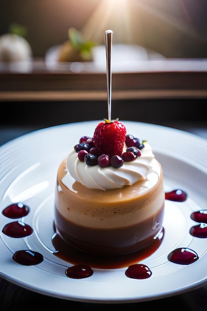 Un dessert avec une framboise sur le dessus