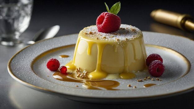 un dessert avec des framboises et de la crème