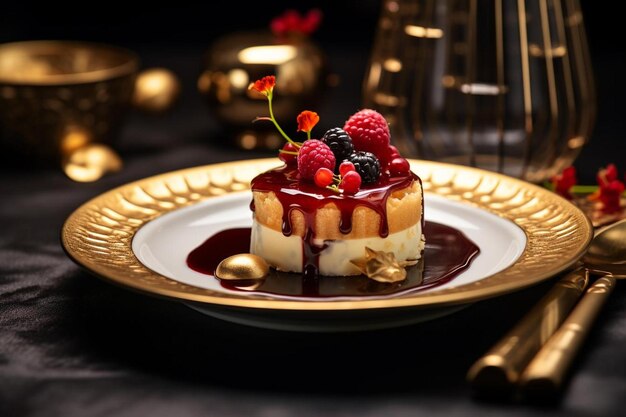 Photo un dessert avec des framboises dessus est assis sur une assiette avec une assiette en or avec une assiete en or avec un assiette en or avec uneassiette en or