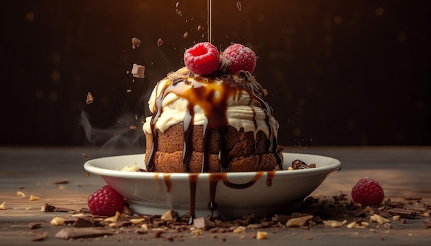 Un dessert de framboises fraîches sur une table en bois indulgent et sucré généré par l'IA