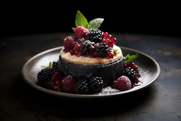 un dessert avec des framboises et des framboises sur le dessus.