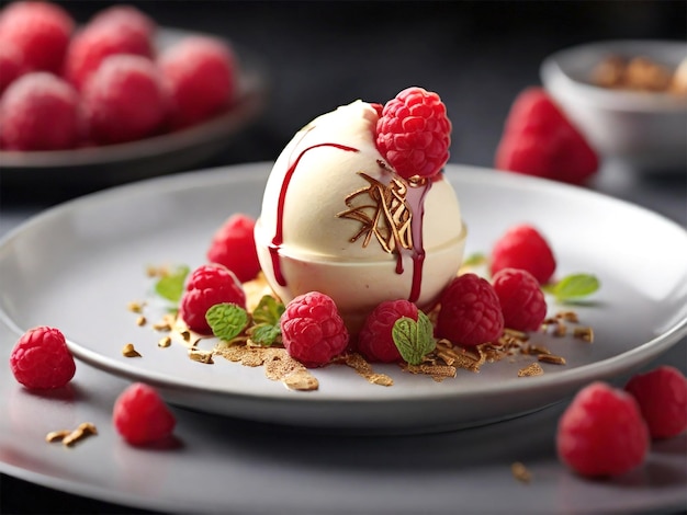 un dessert avec des framboises et des framboux sur une assiette