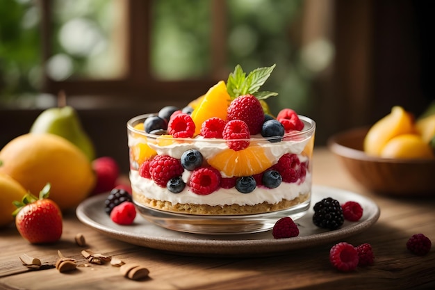 Photo dessert fruité frais sur une table en bois