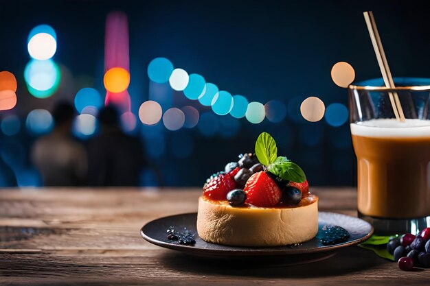 Photo un dessert avec des fruits et un verre de bière sur une table