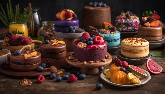 Dessert gastronomique fait maison, un cheesecake sucré et gourmand aux baies sur bois généré par l'intelligence artificielle