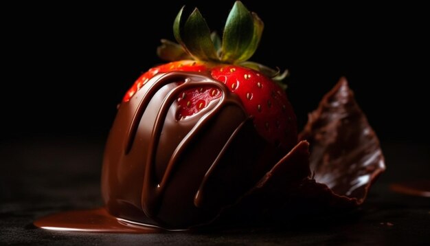 Dessert gourmand aux fraises enrobées de chocolat, une tentation estivale gourmande générée par l'IA