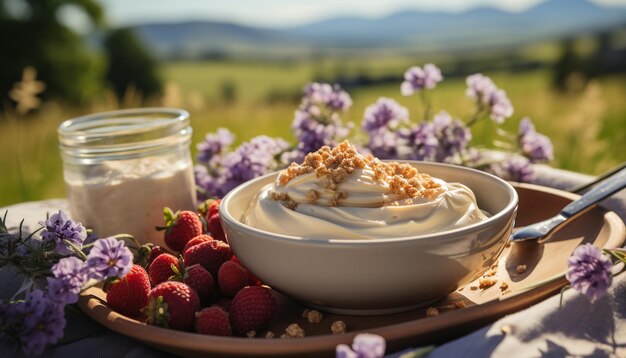 Photo dessert gourmand fait maison yaourt aux baies fraîches avec lait crémeux généré par l'intelligence artificielle