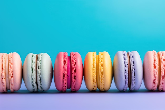 Dessert macarons colorés d'affilée sur fond bleu