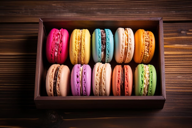 Dessert macarons colorés en boîte sur fond de bois