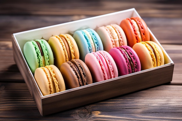 Dessert macarons colorés en boîte sur fond de bois