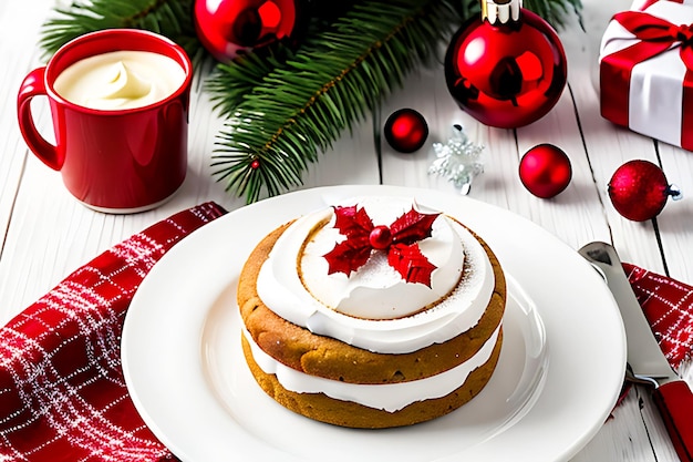 Dessert maison de Noël et décoration de Noël sur table en bois blanc