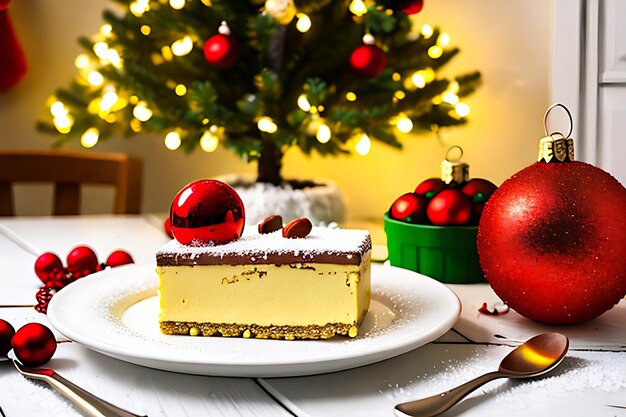 Dessert maison de Noël et décoration de Noël sur table en bois blanc