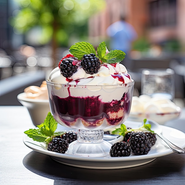 Dessert à la mousse de mûre avec de la crème fouettée et de la menthe dans un bol de verre dans un bol de verre fond flou