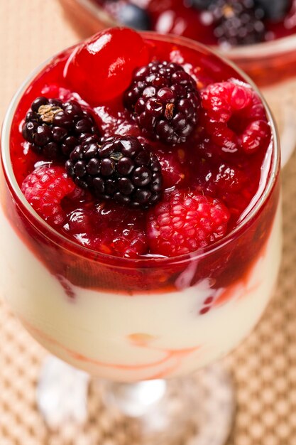 Photo dessert pannacota recouvert de sauce aux framboises et de framboises fraîches garni de quelques feuilles de menthe fraîche.