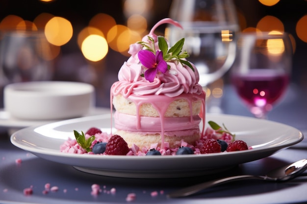 Le dessert principal d'un restaurant étoilé Michelin une photographie de nourriture sur une assiette de 85 mm dans un restaurant avec profondeur de champ bokeh et verres à vin