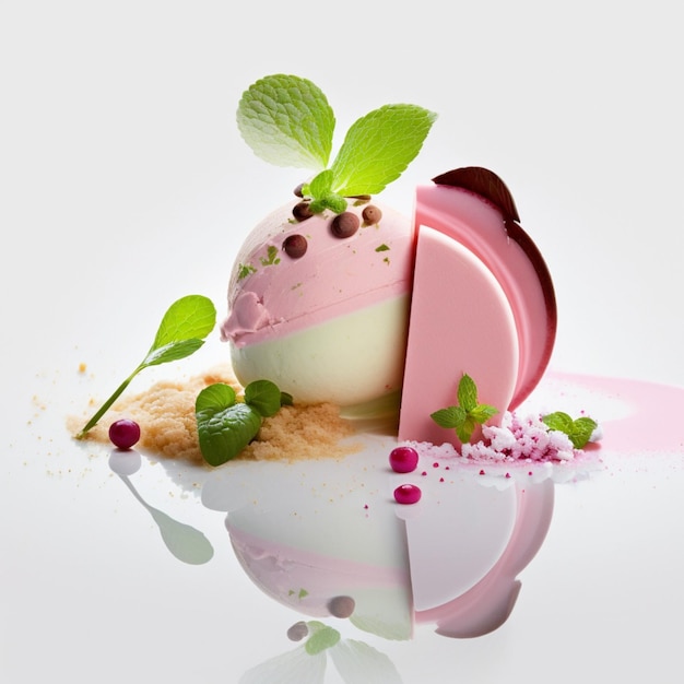 Un dessert rafraîchissant à la crème glacée rose et blanche avec des feuilles de menthe