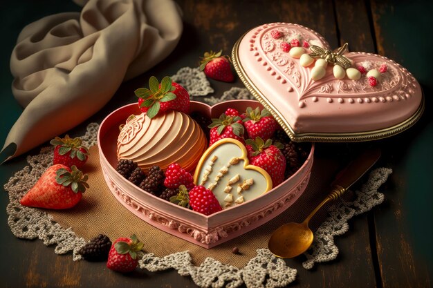 Dessert romantique délicat avec décoration de bonbonnière en forme de coeur