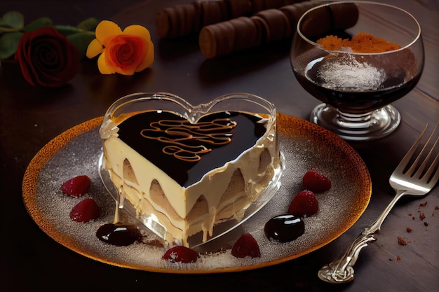 Dessert romantique en forme de tiramisu en forme de coeur avec décorations sur plaque de verre