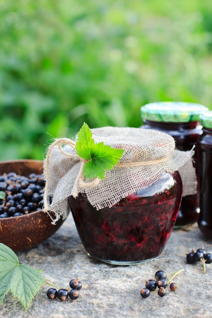 Dessert russe traditionnel. Variété de cassis ou confiture dans un bocal en verre de style rustique