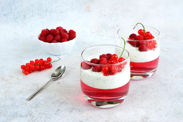 dessert sans sucre avec gelée, yogourt, graines de chia, framboise et raisin rouge