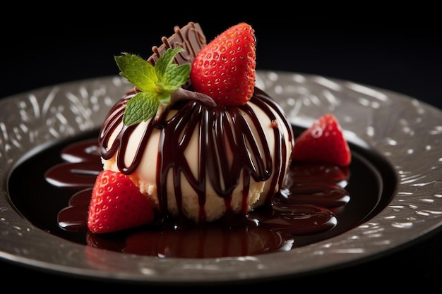 Un dessert avec une sauce au chocolat et des fraises dessus