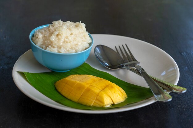 Dessert de style thaï, mangue avec riz gluant sur assiette. La mangue jaune et le riz gluant sont des desserts traditionnels populaires de Thaïlande. Fermer