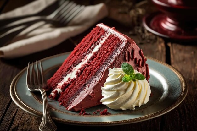 Photo dessert sucré gâteau de velours rouge fait maison avec de la crème sur une assiette créée avec une ia générative