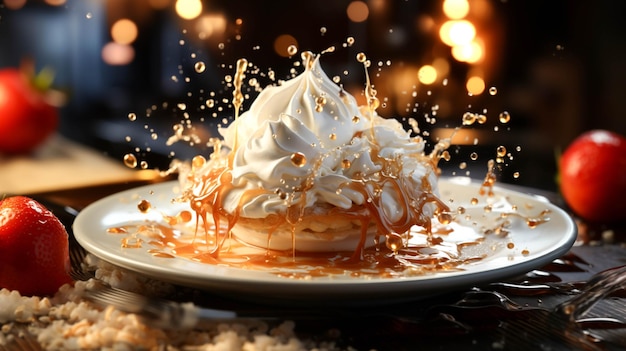 Dessert sucré meringué avec éclaboussures de lait