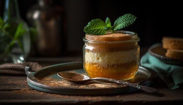 Dessert sucré sur table en bois rustique avec IA générative à la menthe