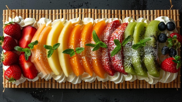 Un dessert de sushi sur un tapis de bambou avec des fruits et de la crème