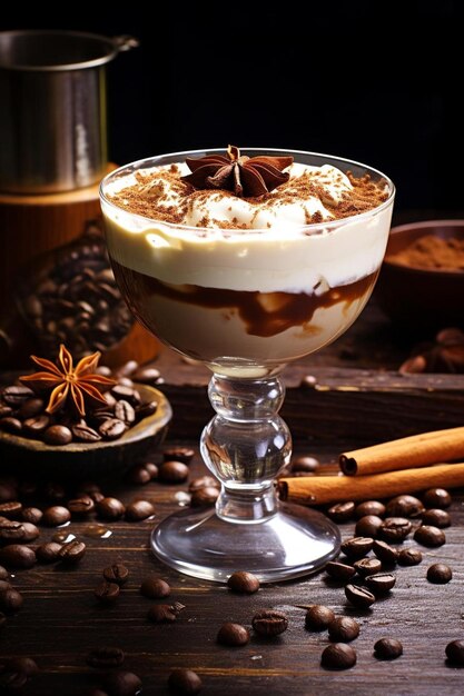 un dessert avec une tasse de café et une cuillère de café