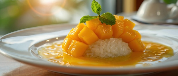 Dessert thaïlandais classique au riz collant à la mangue garni de menthe sur une assiette blanche