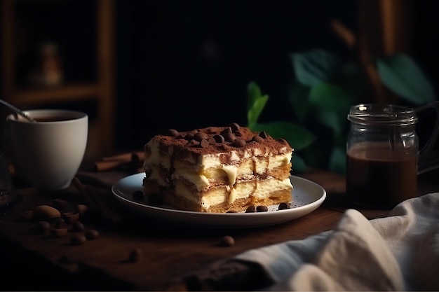 Dessert tiramisu dans une cuisine sombre Ai Générative