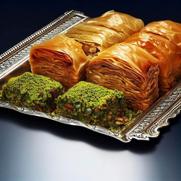 Dessert turc Baklava à la pistache sur plateau d'argent réalisme