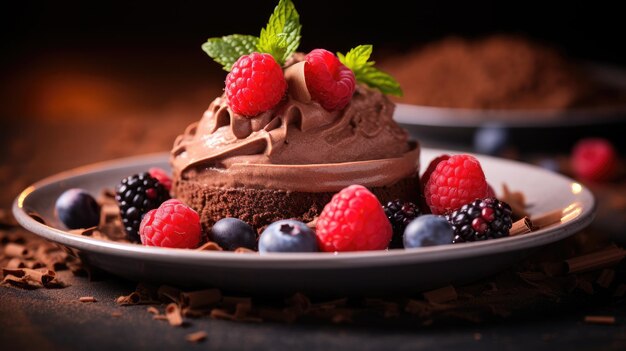 Dessert végétalien platé avec une riche mousse d'avocat au chocolat surmontée de chocolat aux baies fraîches