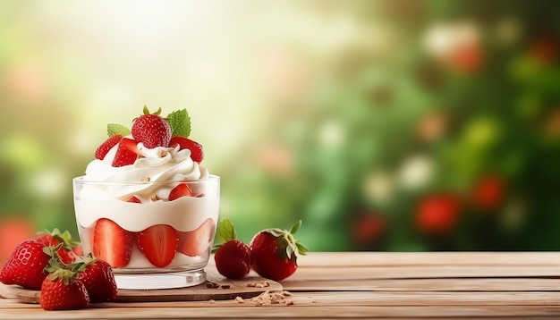 Un dessert en verre avec des fraises et de la crème fouettée