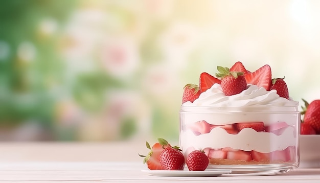 Un dessert en verre avec des fraises et de la crème fouettée