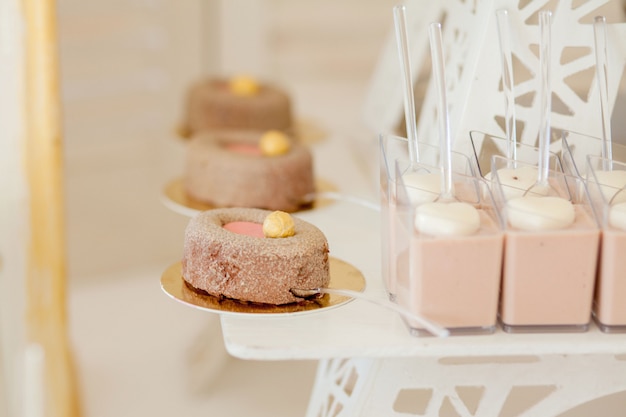 Desserts Aux Fruits, Mousse, Biscuits. Différents Types De Pâtisseries, Petits Gâteaux Colorés, Macarons Et Autres Desserts Dans Le Buffet Sucré. Barre De Chocolat Pour L'anniversaire.