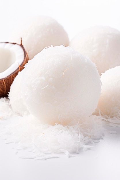 Des desserts à base de boules de noix de coco avec des flocons de coco