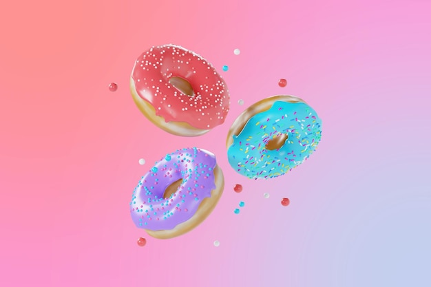 Desserts de beignets sucrés colorés avec rendu 3d de pépites