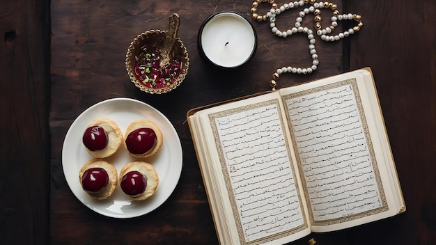 Des desserts et des bougies près des perles et du Coran