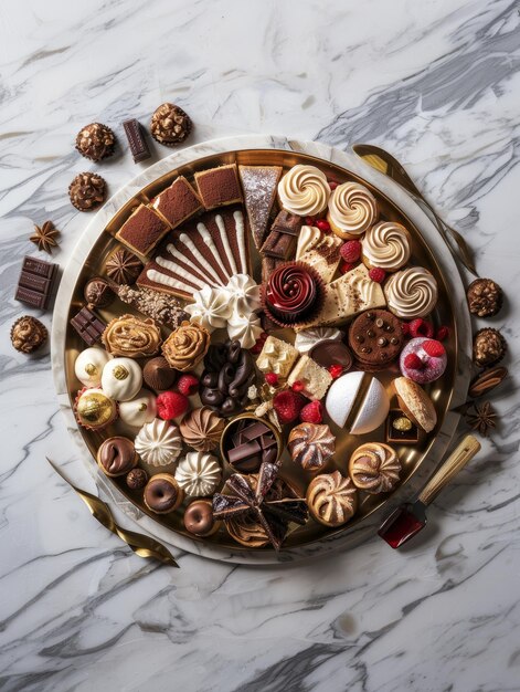 Des desserts délicieux assortis sur un plateau blanc avec des gâteaux, des pâtisseries et des chocolats avec des baies