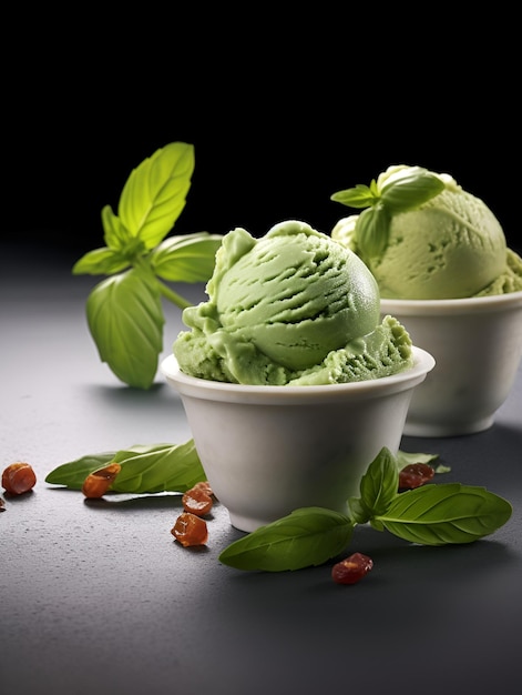 Desserts d'été Nourriture végétalienne Glace au basilic dans un bol sur une table en pierre gris foncé Glaces vertes faites maison avec du basilic et de la menthe dans des bols blancs sur un fond gris foncé gros plan IA générative