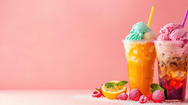 Des desserts froids colorés avec des fruits sur fond rose
