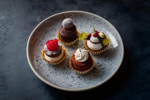 Des desserts à la taille d'une bouchée avec un trio de chocolats et de gâteaux exquis.