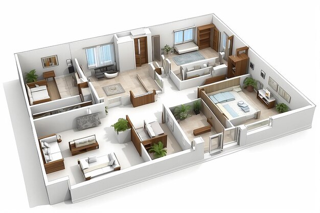Dessin 3D d'un appartement de quatre pièces Objet sur blanc