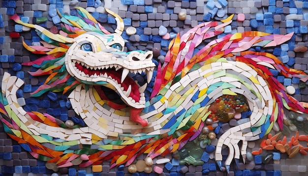 Un dessin 3D représentant un dragon chinois fait de carreaux de mosaïque colorés