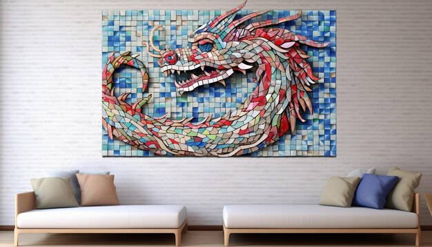 Un dessin 3D représentant un dragon chinois fait de carreaux de mosaïque colorés